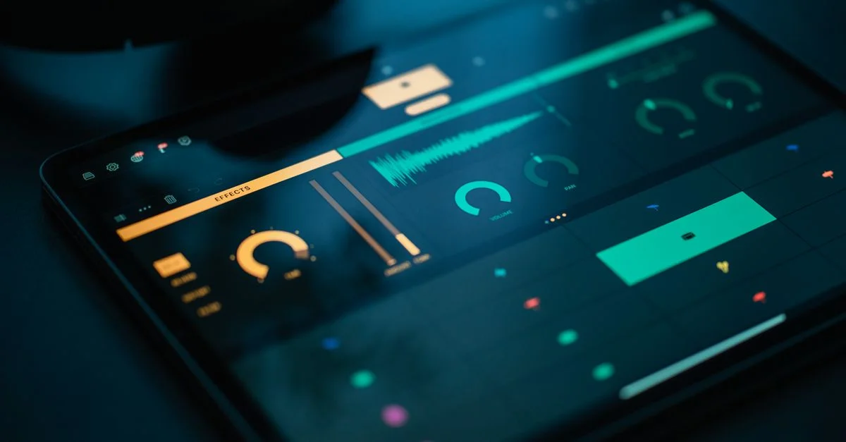 Un logiciel de mixage audio numérique affiché sur une tablette, mettant en avant la technologie moderne et la portabilité.